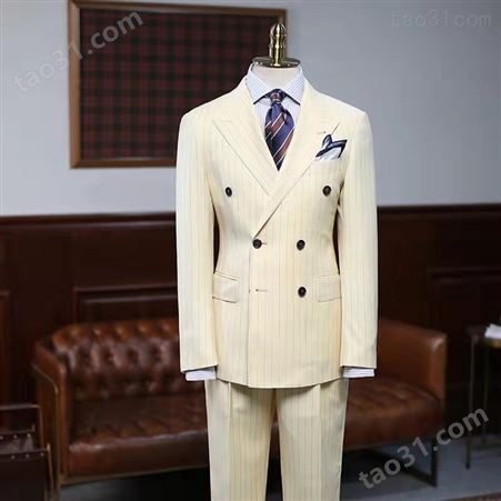 四季意式精纺羊毛黄色条纹戗驳领双排扣西服套装男西装